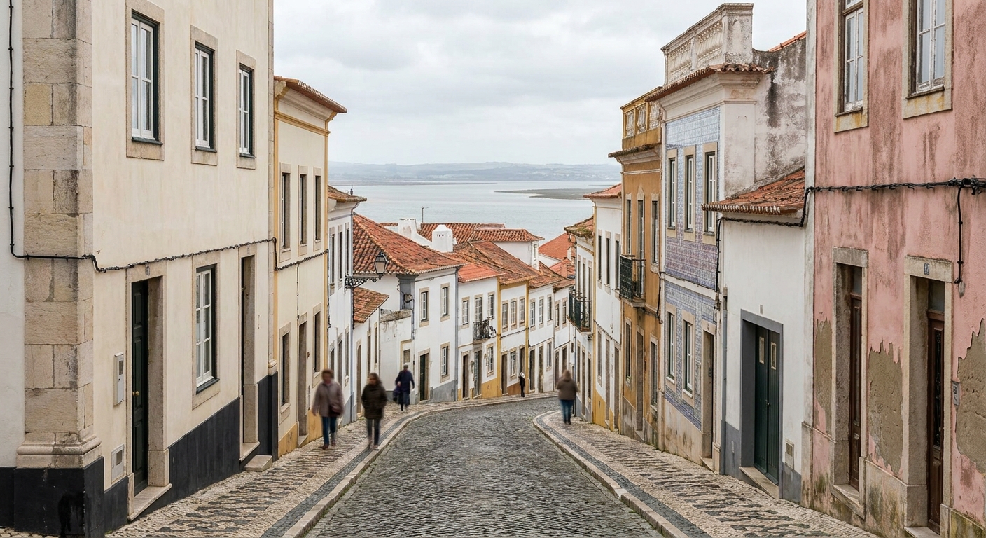 Whitewashed buildings with black basalt trim along a paved street in Ponta Delgada