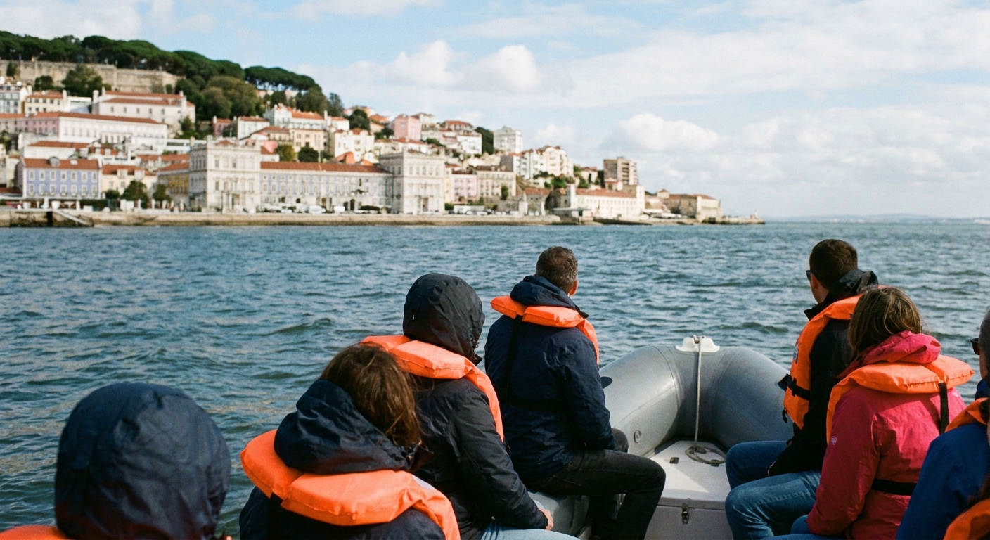 Passengers in life jackets on a small whale watching boat on open Atlantic water