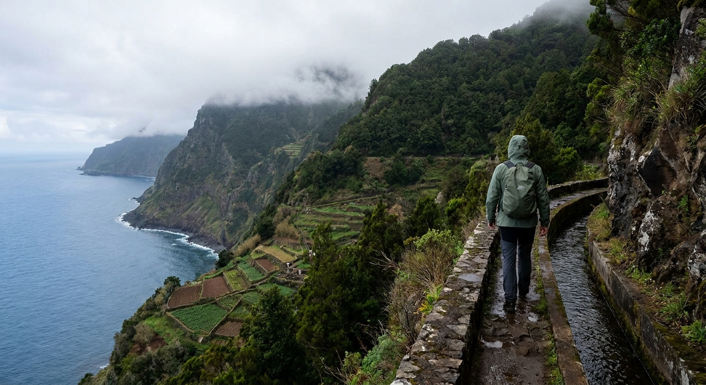 A narrow irrigation channel path cut into a forested cliff on Madeira, with a walker in a rain shell following it