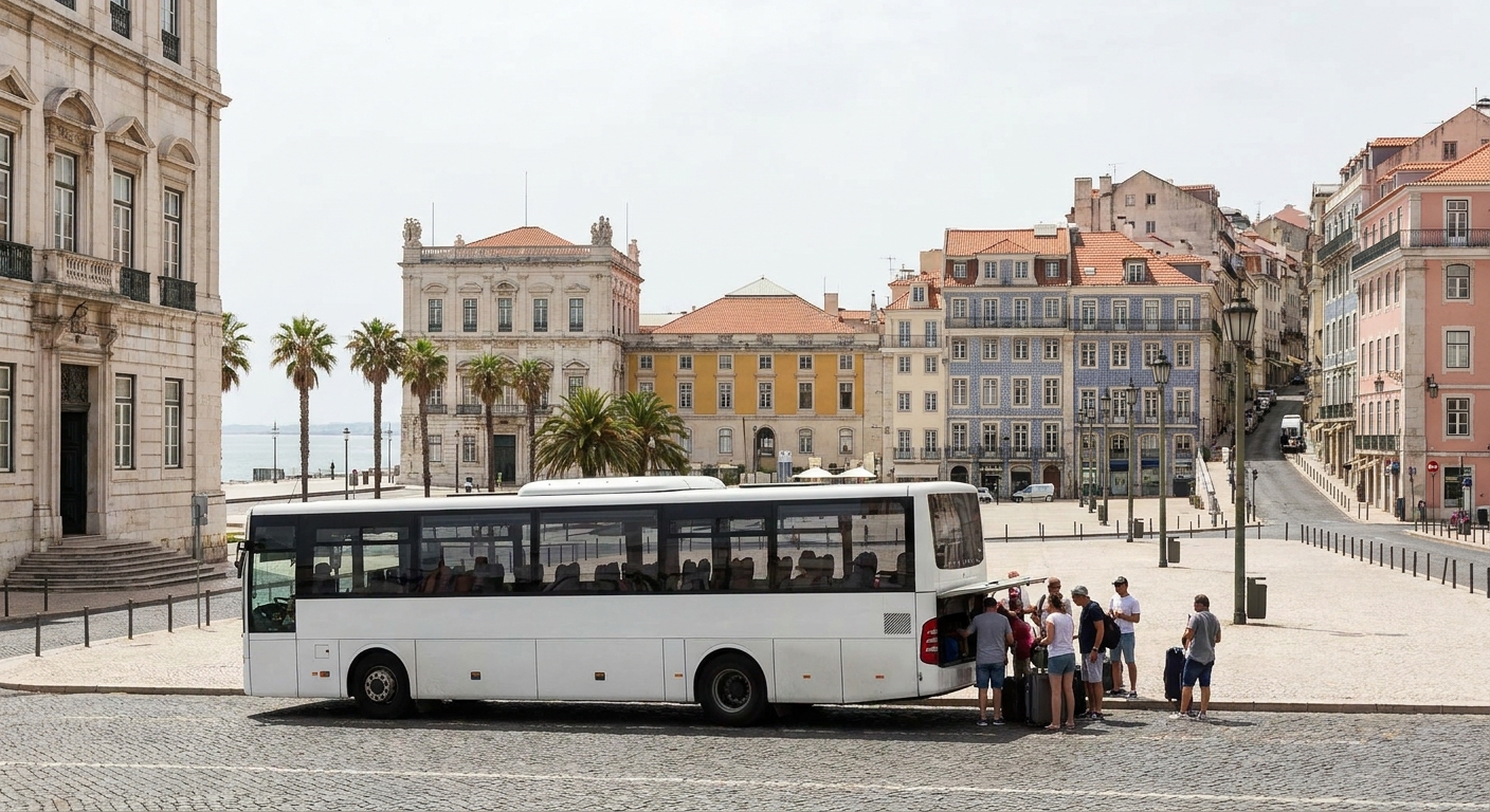 An airport shuttle bus stopped on a seafront avenue in Funchal with luggage being loaded