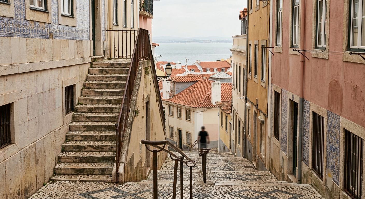 Stone steps cut between rock walls on a high mountain path with metal handrails