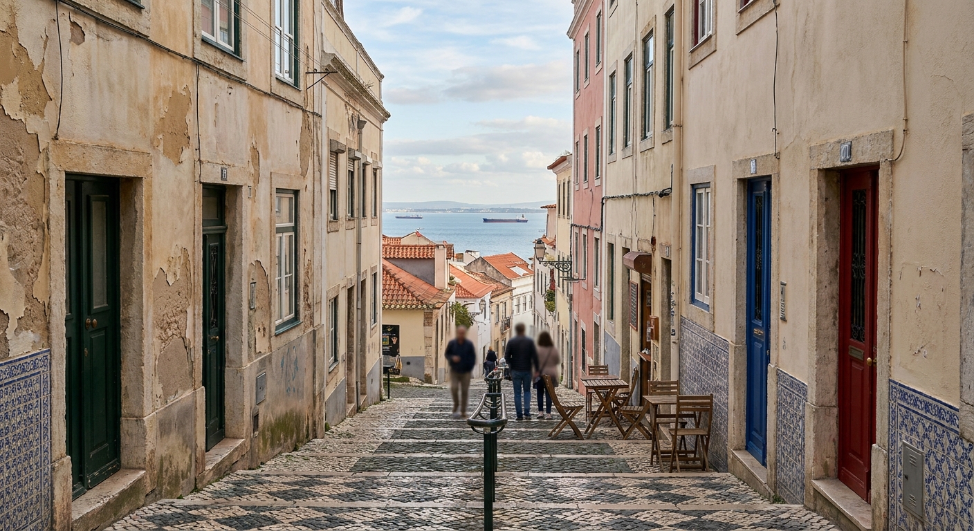 Narrow cobbled restaurant lane with painted doors in Funchal's old town