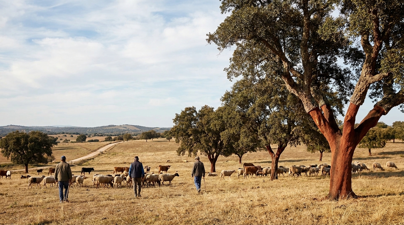 Cork oaks with trunks stripped to bare bark on an open grazing plain under a wide sky
