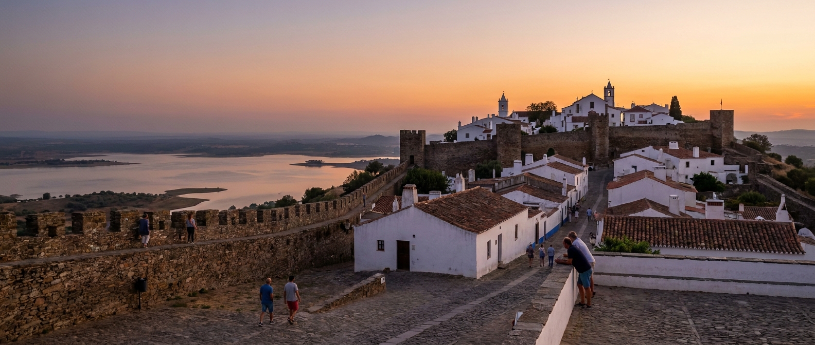 A whitewashed walled village on a hilltop overlooking a large calm reservoir at dusk
