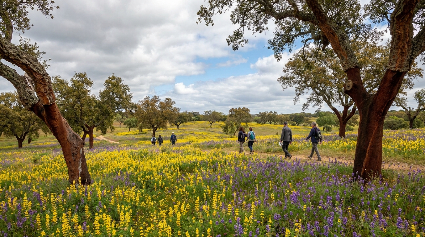 Wildflowers in yellow and purple spreading between cork oaks on a rolling plain under a broken spring sky