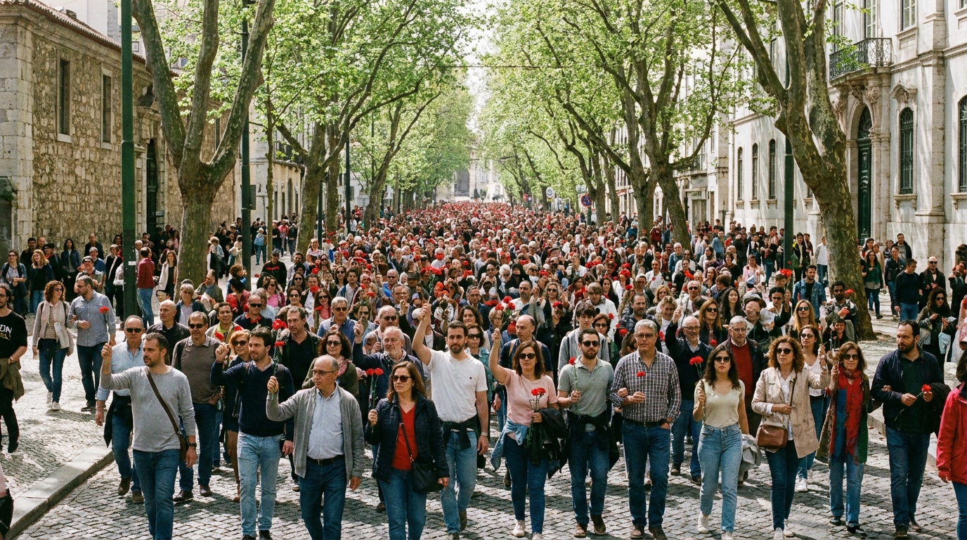 Red carnations held above a dense crowd walking a wide tree-lined city avenue on a spring public holiday