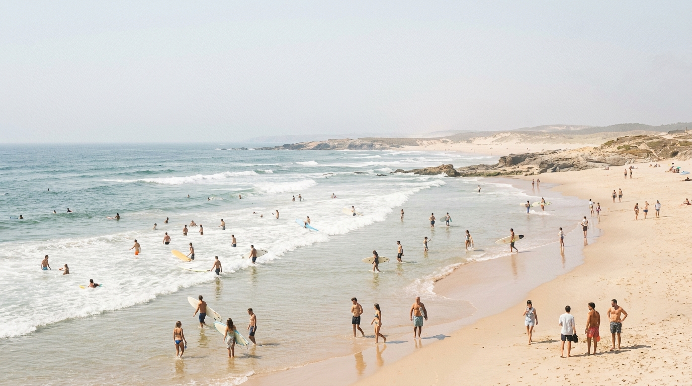 Swimmers and surfers on a wide Atlantic beach north of Porto under bright summer haze