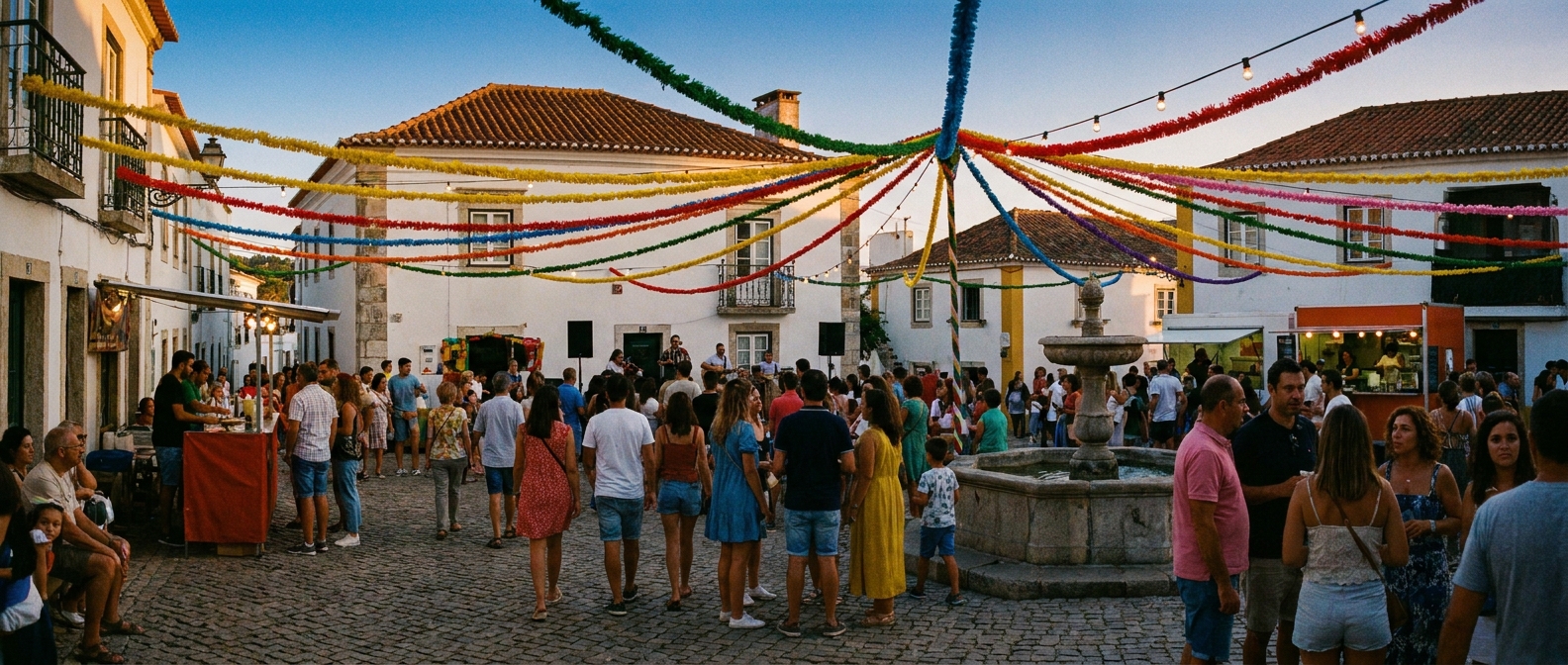 A small Portuguese town square strung with paper garlands at dusk during a summer festival
