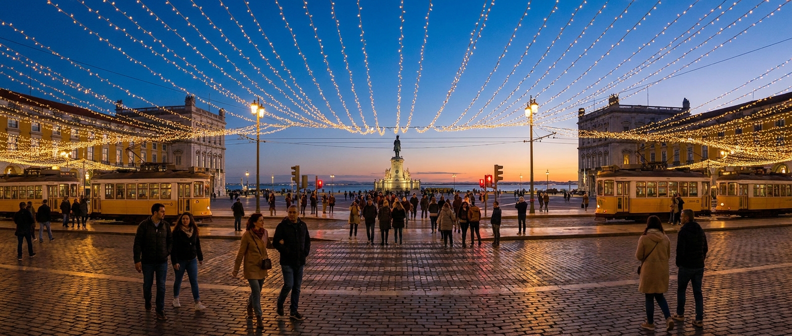 Christmas lights strung above a wide riverside square in Lisbon at dusk with people walking