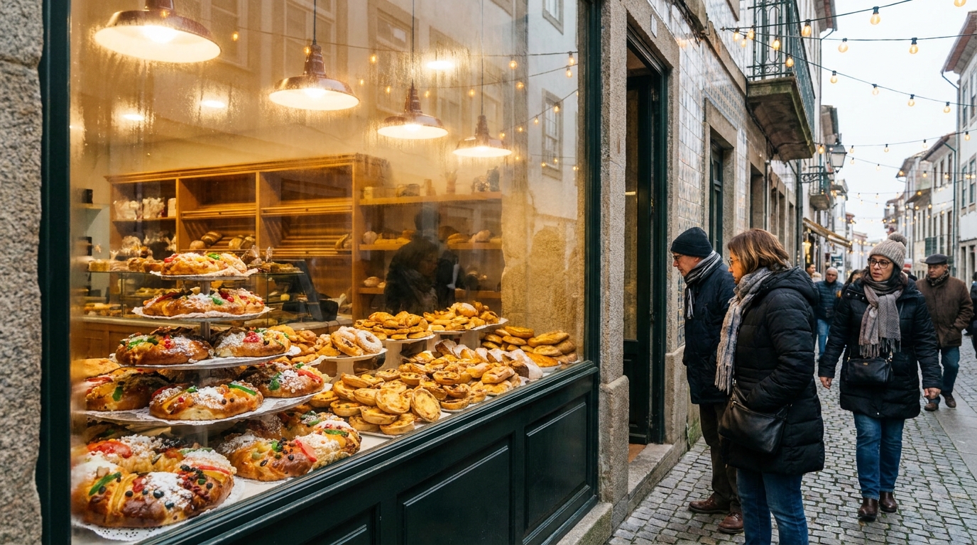 Bakery window stacked with candied-fruit crown cakes and seasonal pastries in winter light