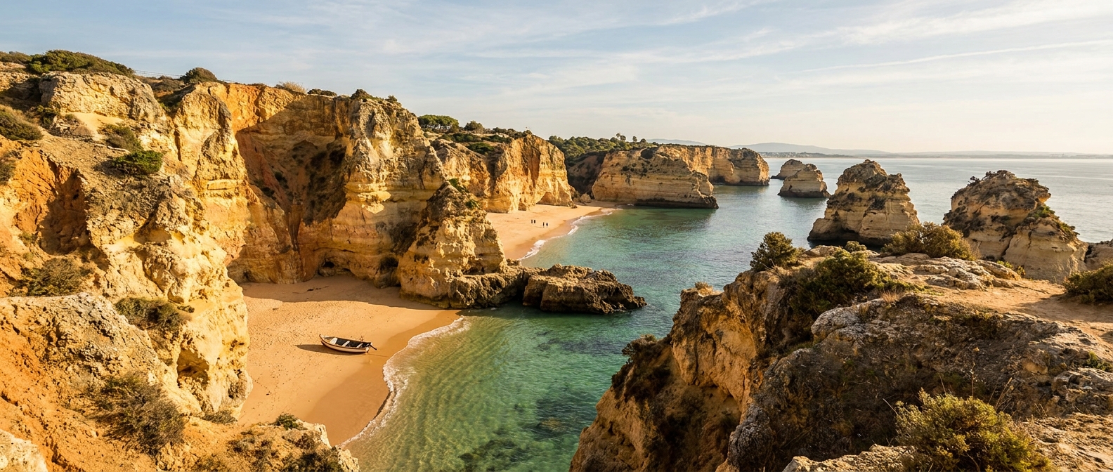 Ochre limestone cliffs above a small sandy cove with clear green water on the central Algarve coast