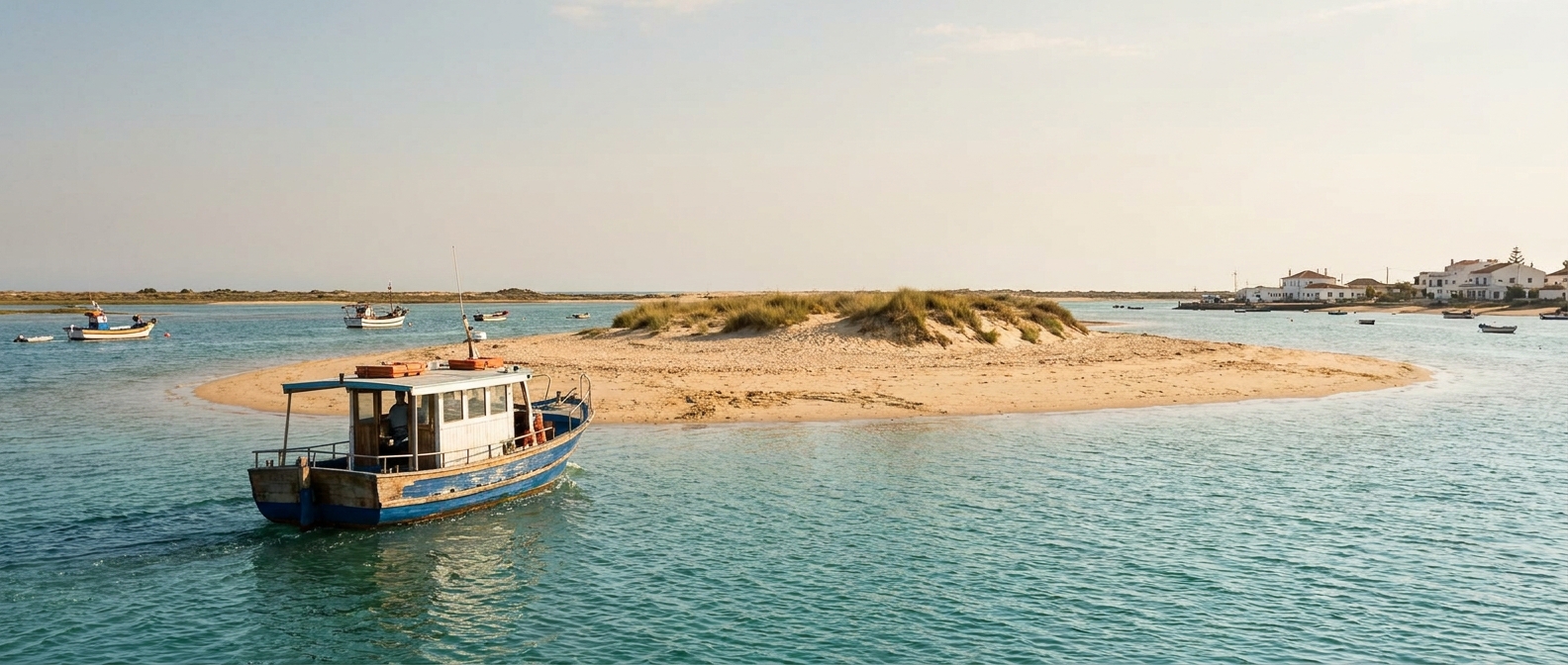A small passenger ferry approaching a low sandbar island in a shallow lagoon in the eastern Algarve