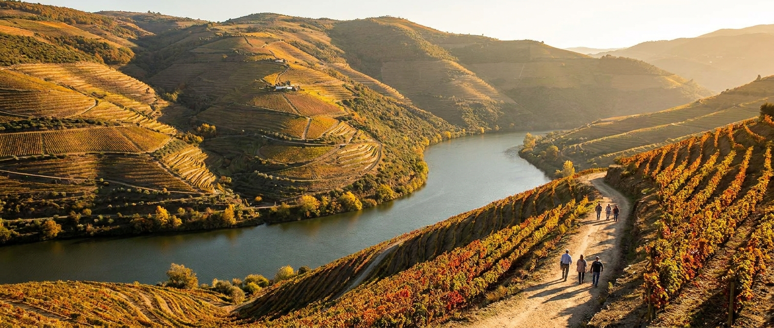 Terraced vineyards rising in steps from a bend of the Douro river under late afternoon light