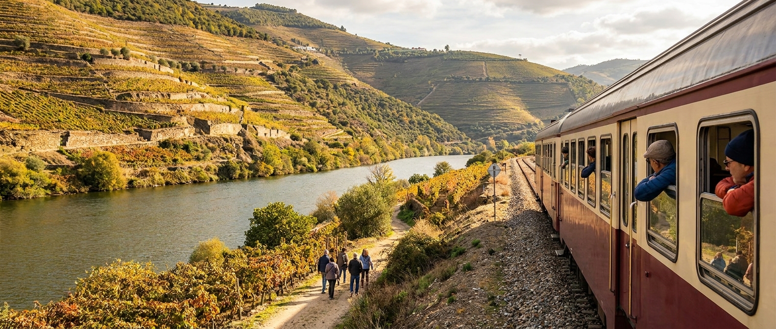A regional train running on a single track beside the Douro river below terraced vineyard slopes