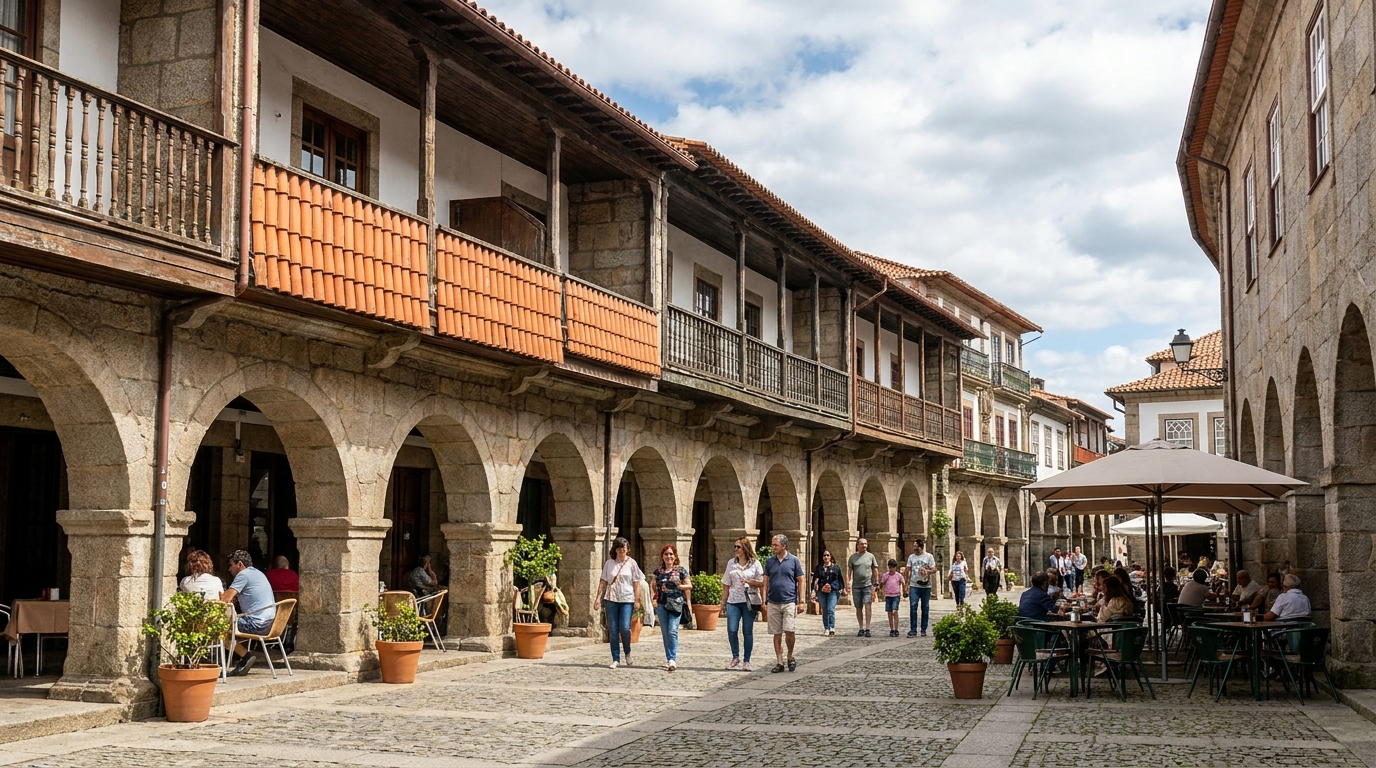 Arcaded granite square with wooden balconies and tiled café fronts in Guimarães