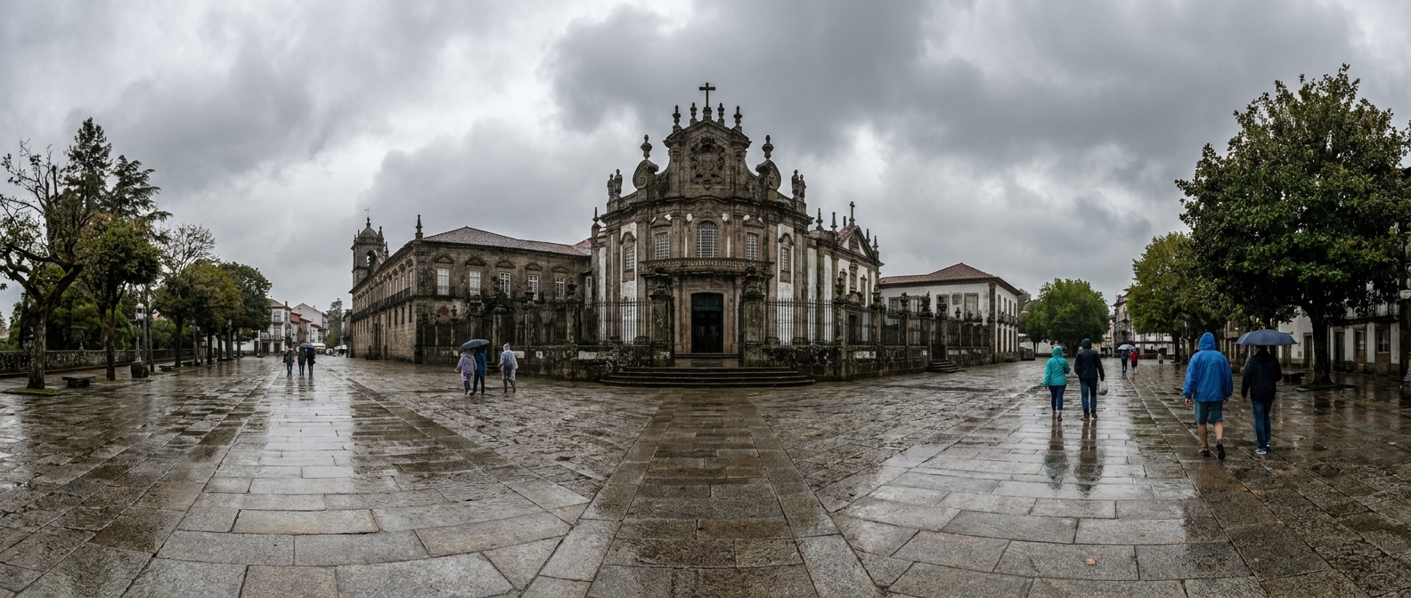 Baroque church façade and wet granite paving in the center of Braga under grey cloud