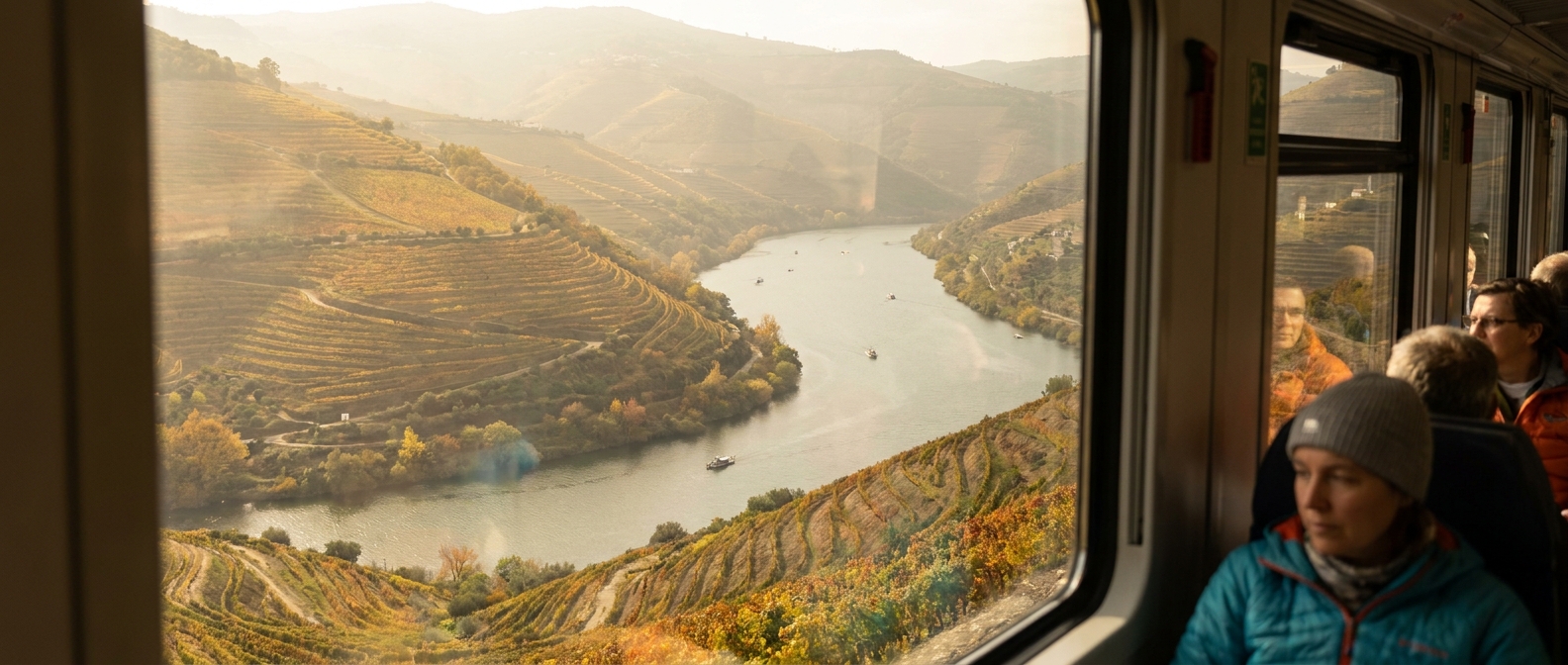Terraced vineyards dropping steeply to the Douro river, seen from a train window