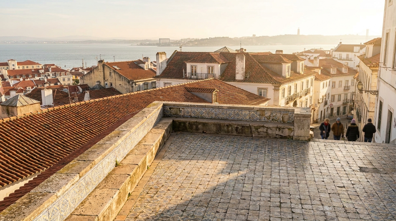 Empty tiled viewpoint terrace above Lisbon rooftops under low winter sun