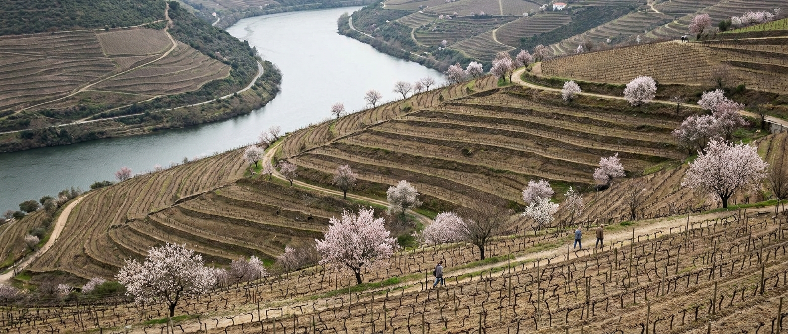 Bare terraced vineyards above the Douro river with almond trees in early blossom