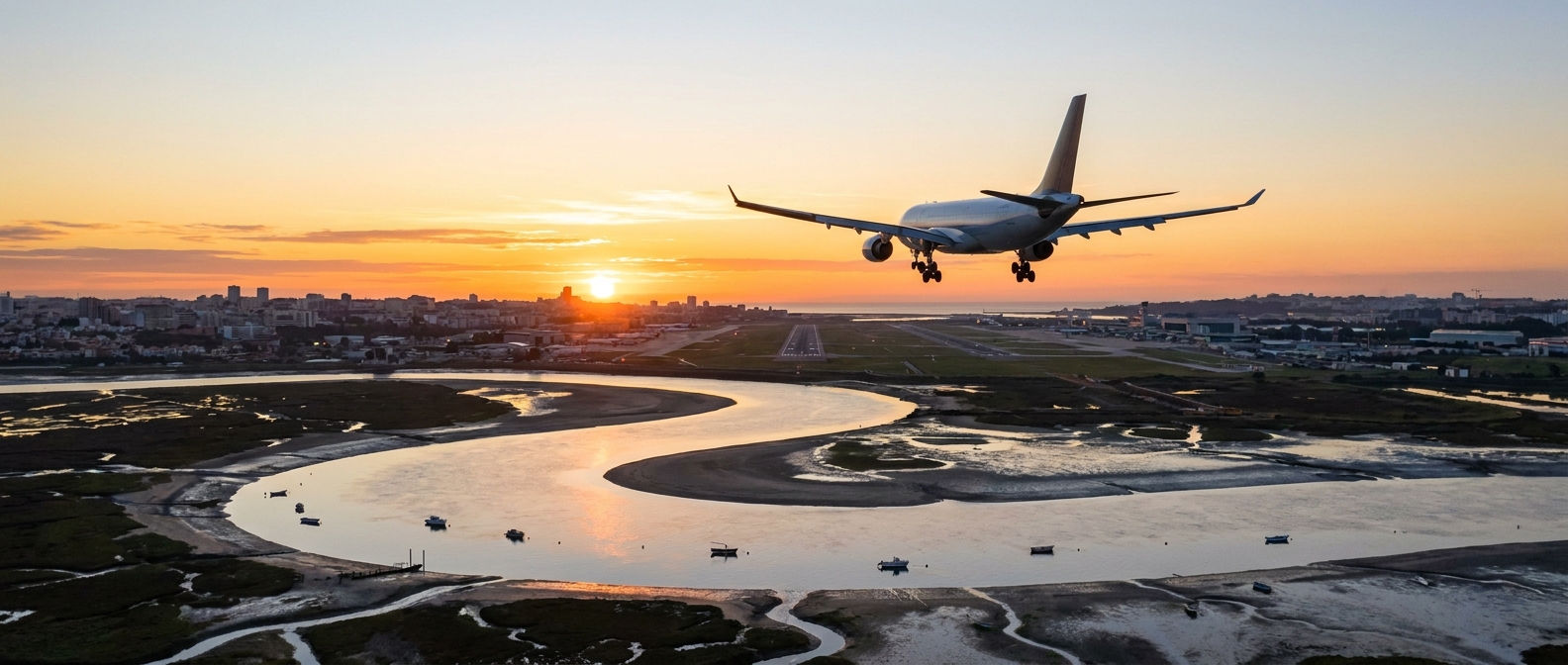Wide-body aircraft on approach over a river estuary toward a city airport at dawn