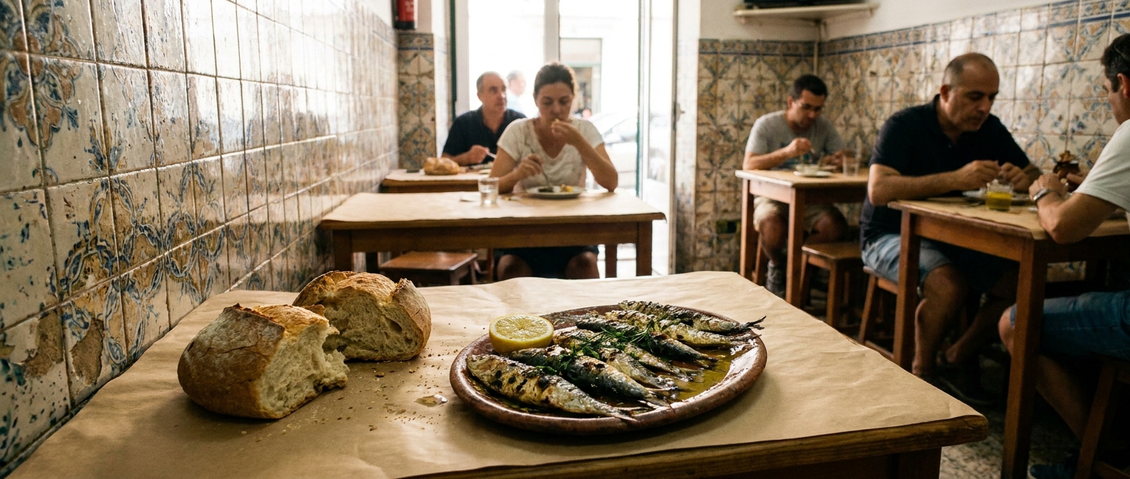 Grilled sardines and bread on a paper-covered table in a small tiled restaurant