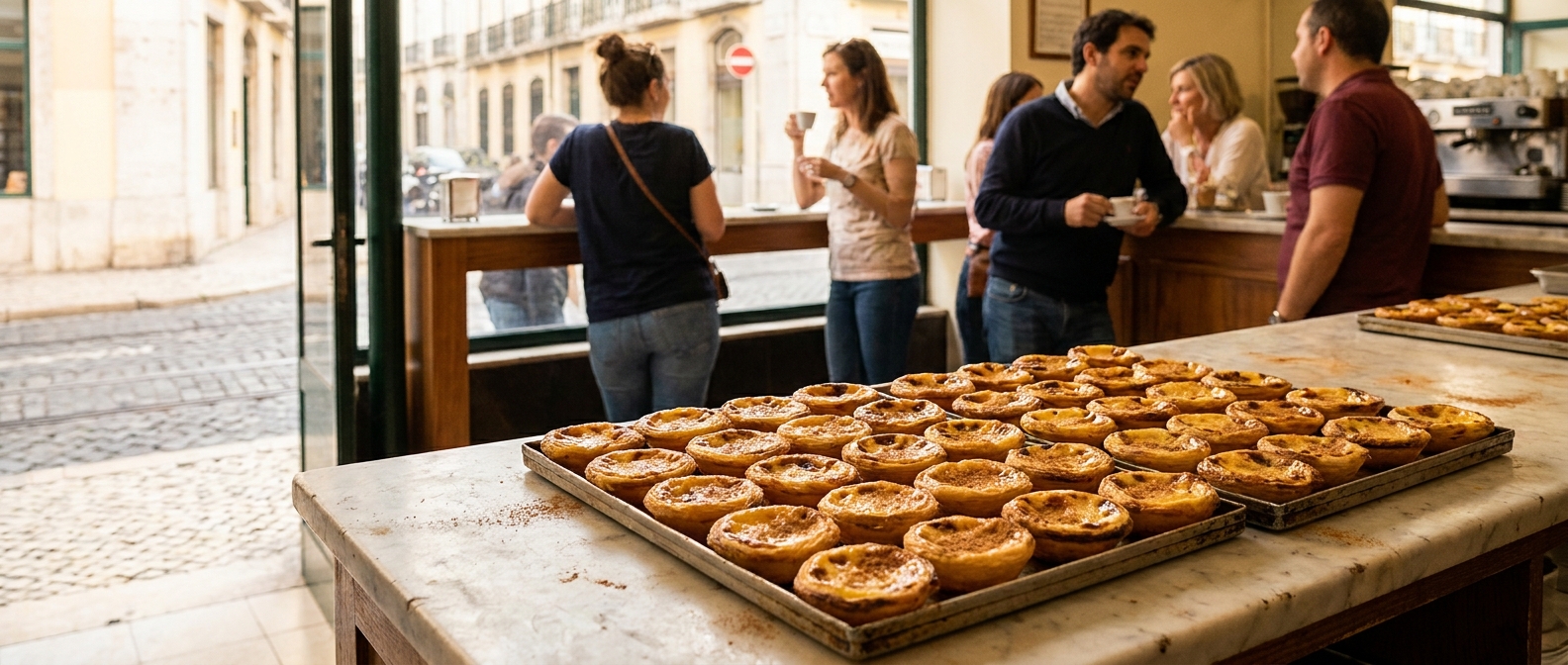Custard tarts cooling in trays on a marble counter with customers standing at the bar