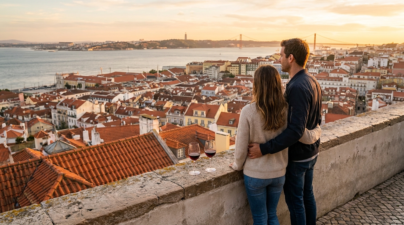 A couple sitting on a tiled Lisbon viewpoint terrace at sunset, red rooftops and the river behind them