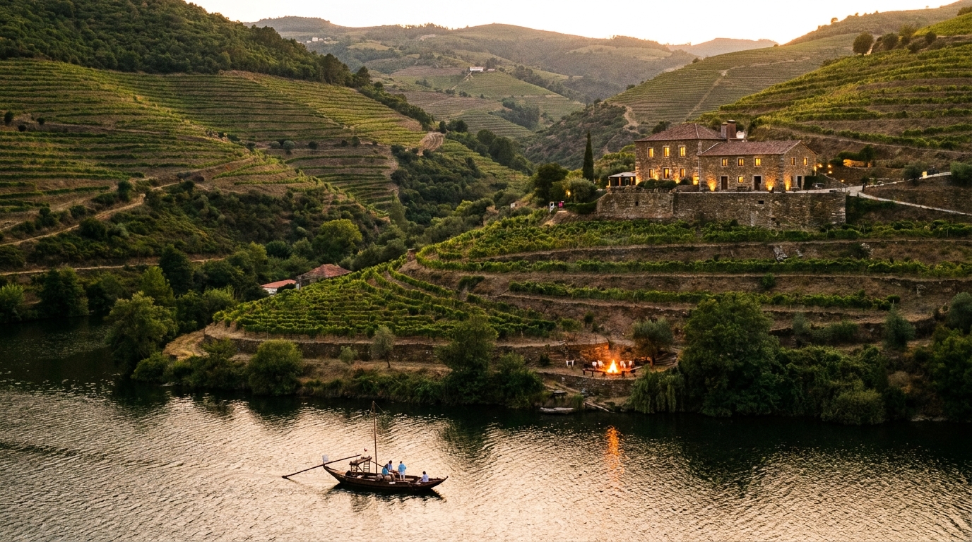 Terraced vineyards falling steeply to the Douro river at dusk, a stone wine estate and a small boat below