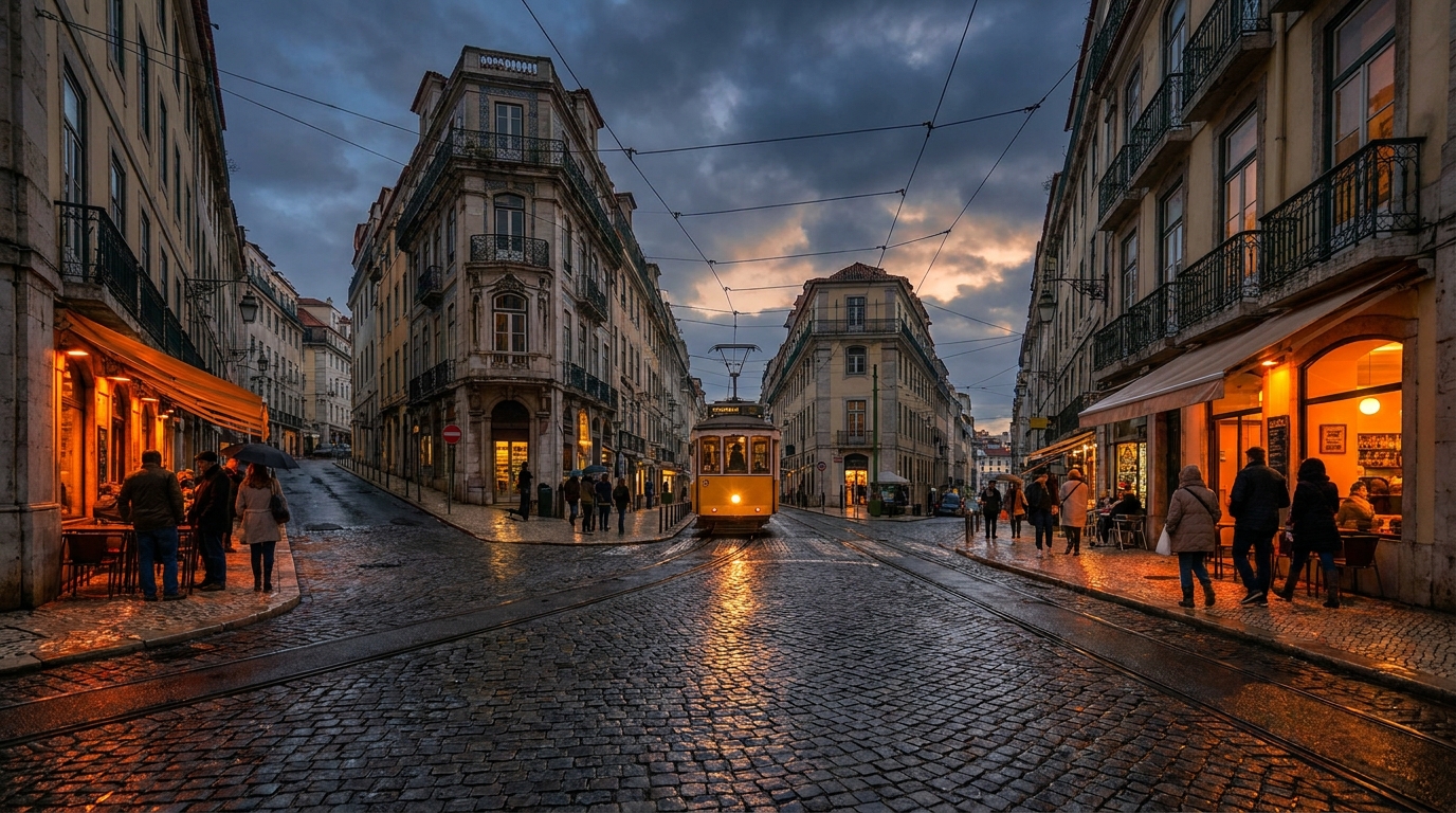 Rain-slicked cobbled street in central Lisbon at dusk with lit café windows and a passing yellow tram