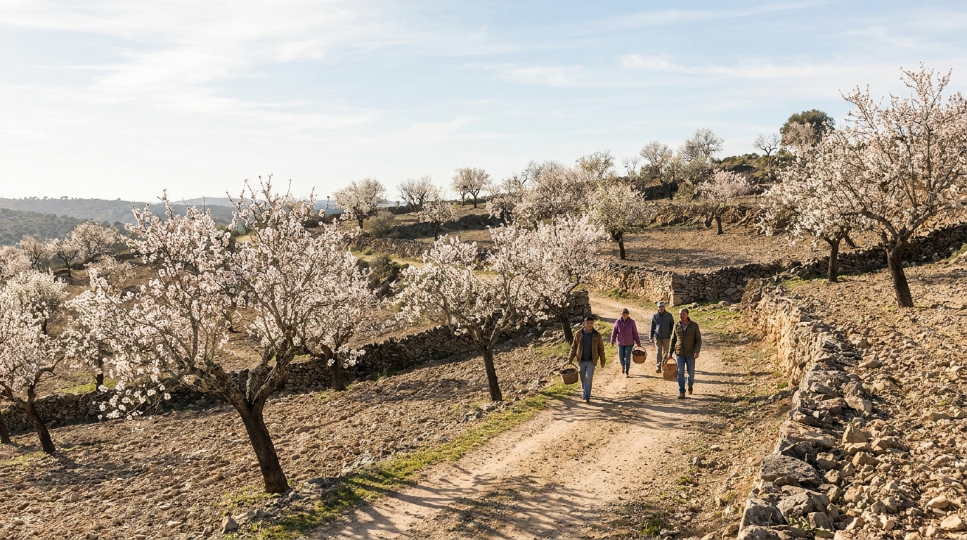 Almond trees in white blossom on a stony hillside in the Algarve interior under winter sun