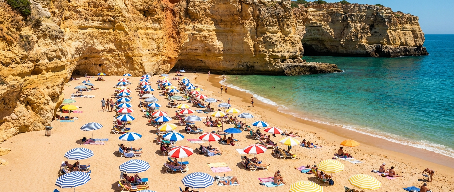 Sunbathers and striped umbrellas on a cove beach below ochre cliffs on the southern Portuguese coast at midday