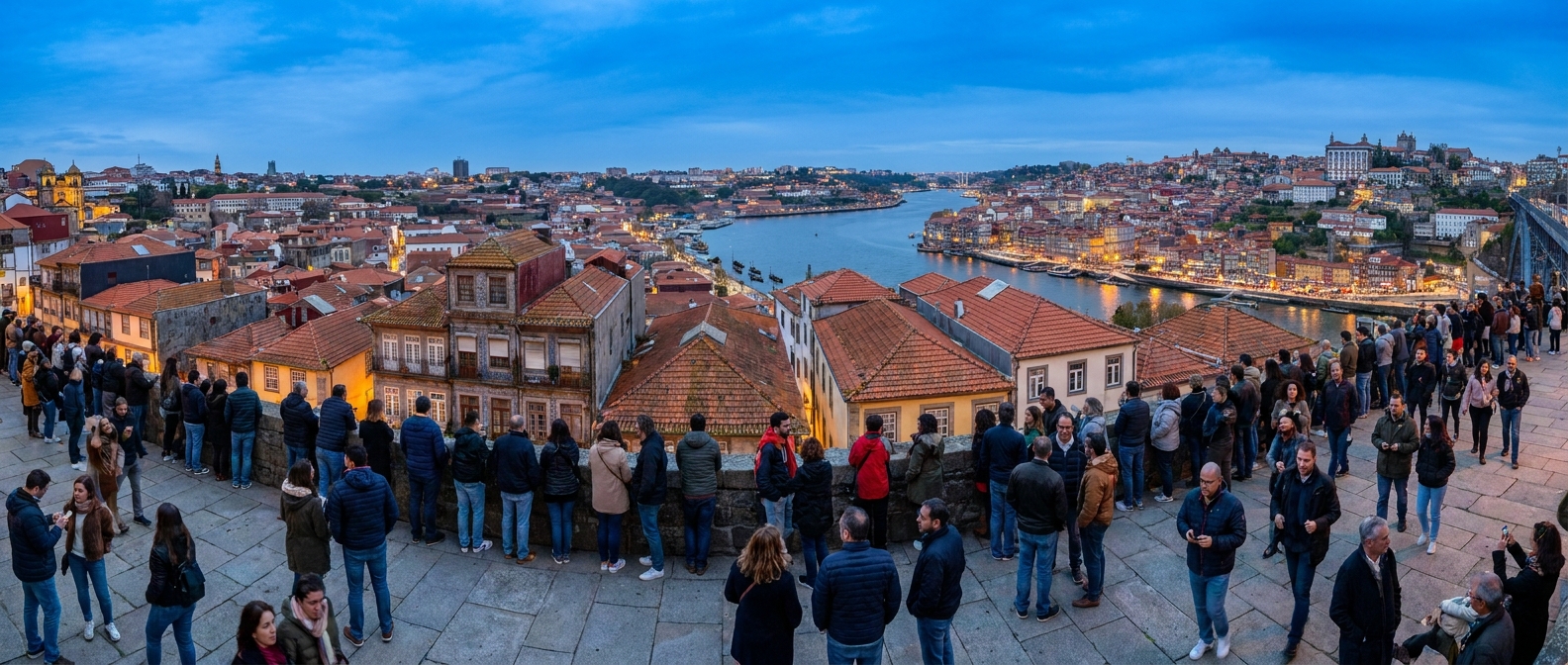 A crowded viewpoint terrace above tiled rooftops with the sky still bright blue after nine in the evening