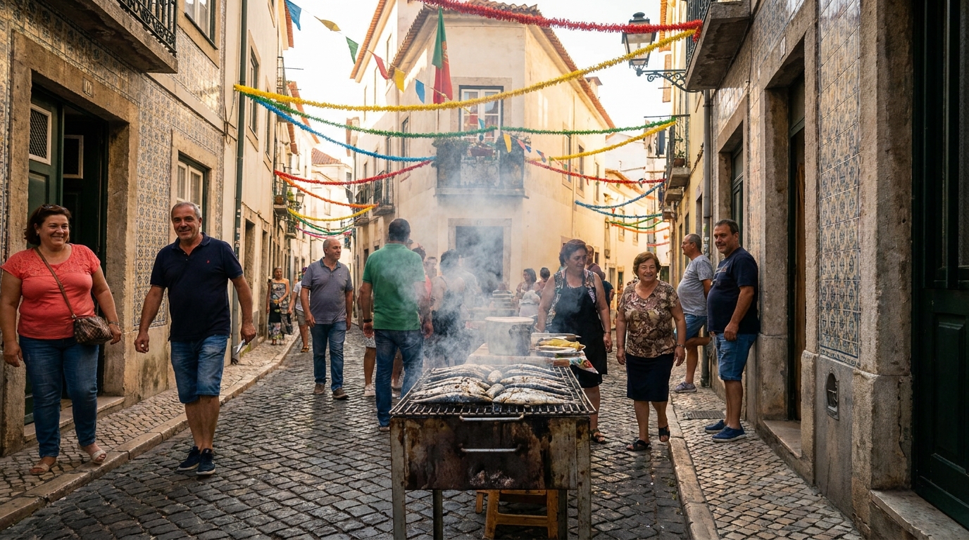 Sardines grilling on a small charcoal grill set on a narrow tiled street with paper garlands strung overhead