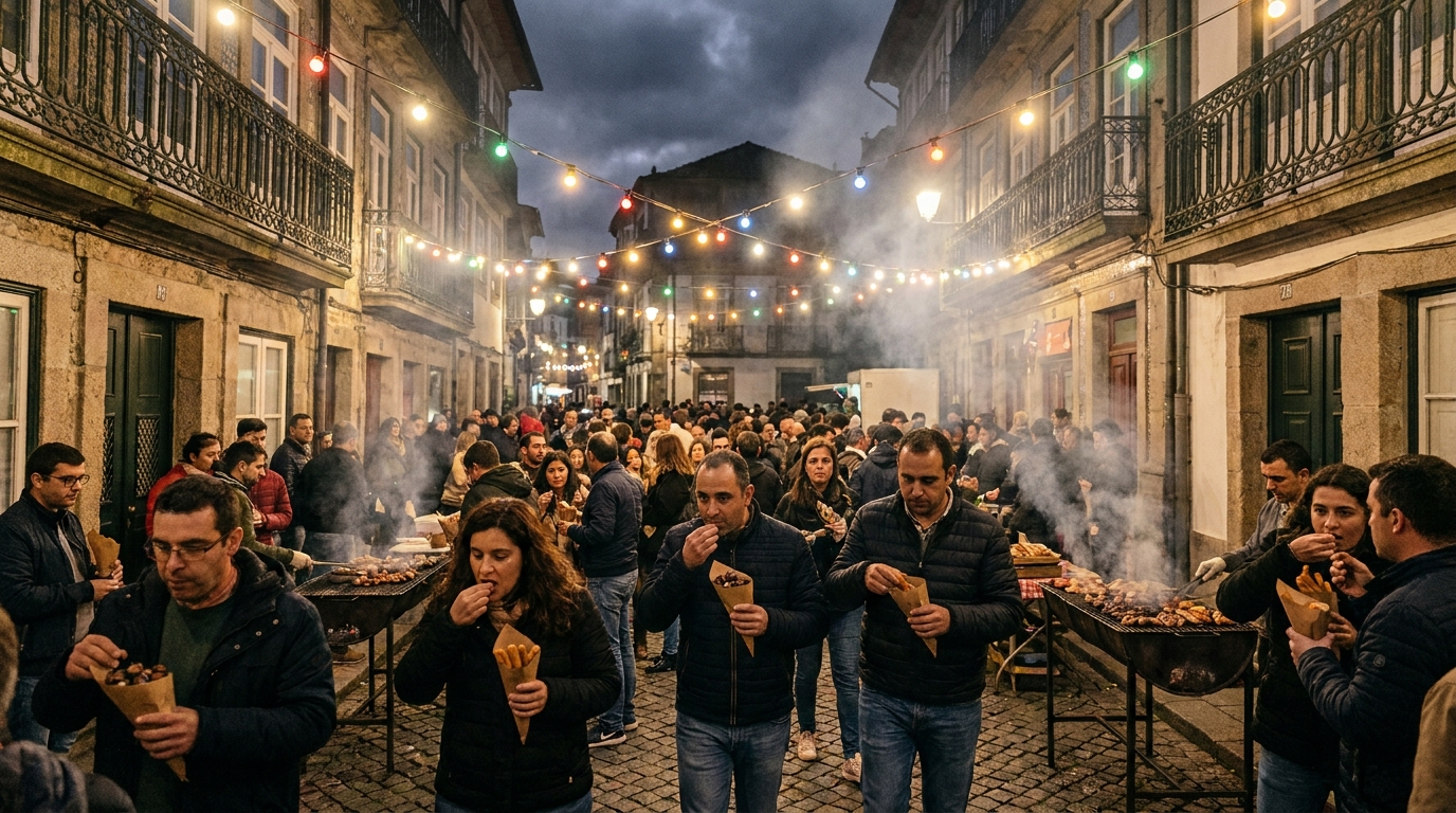 Crowded night street in a Portuguese city with strings of colored bulbs, smoke from grills and people holding paper cones