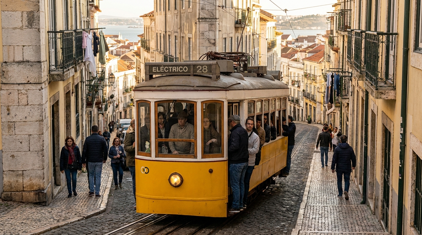 Travelers walking down a steep cobbled Lisbon lane with a crowded yellow tram passing at the corner