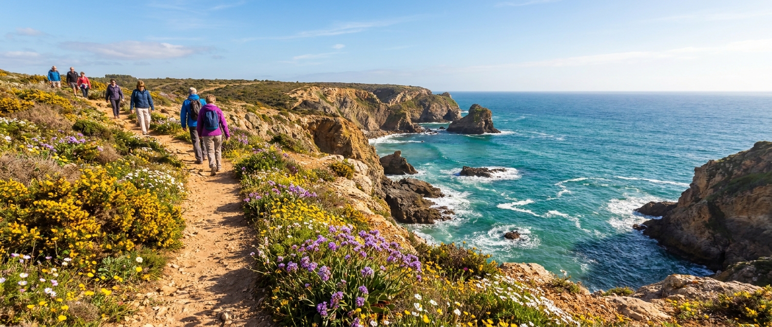 Cliff-top coastal path in the Algarve with wildflowers and blue sea below on a bright spring day