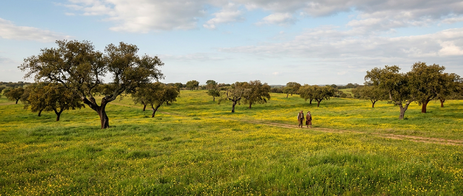 Rolling Alentejo plain with cork oaks, green grass and yellow wildflowers under a spring sky