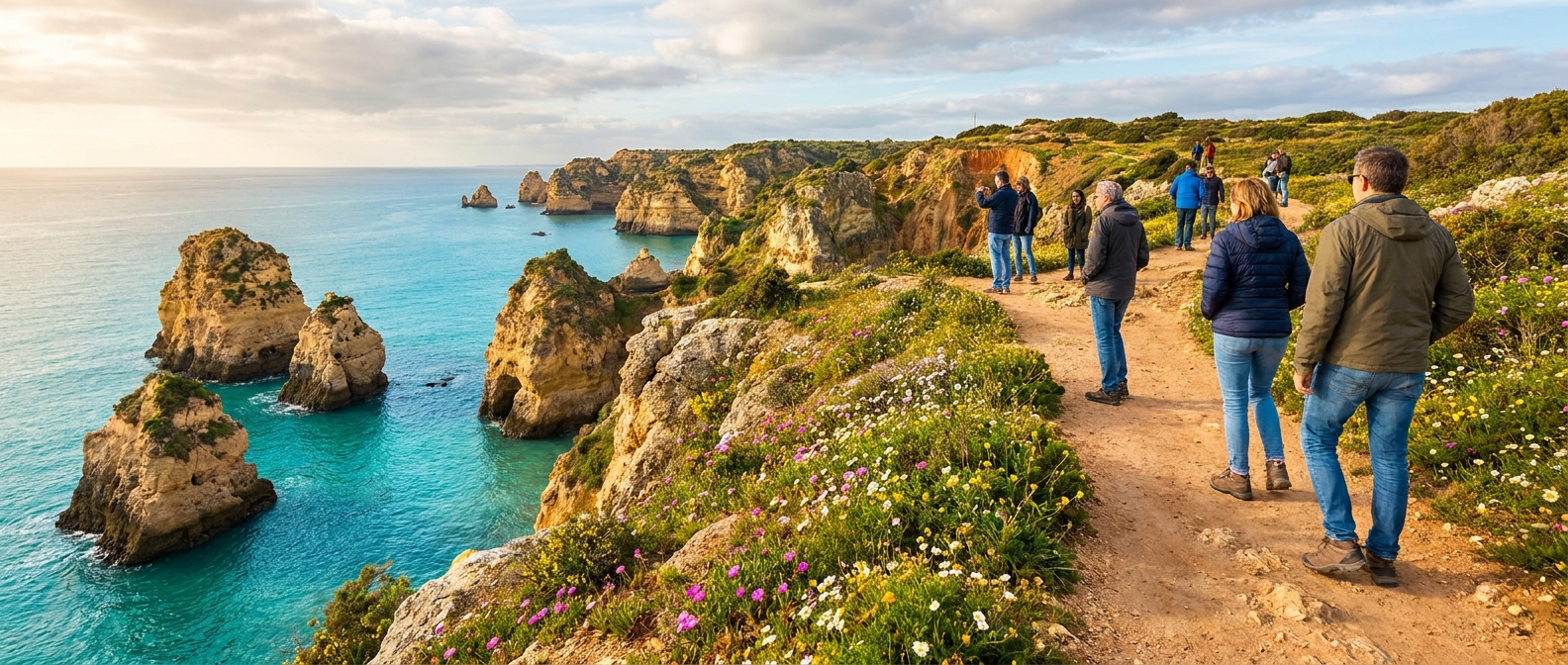 A cliff-top footpath above turquoise water and limestone stacks on the Algarve coast in spring