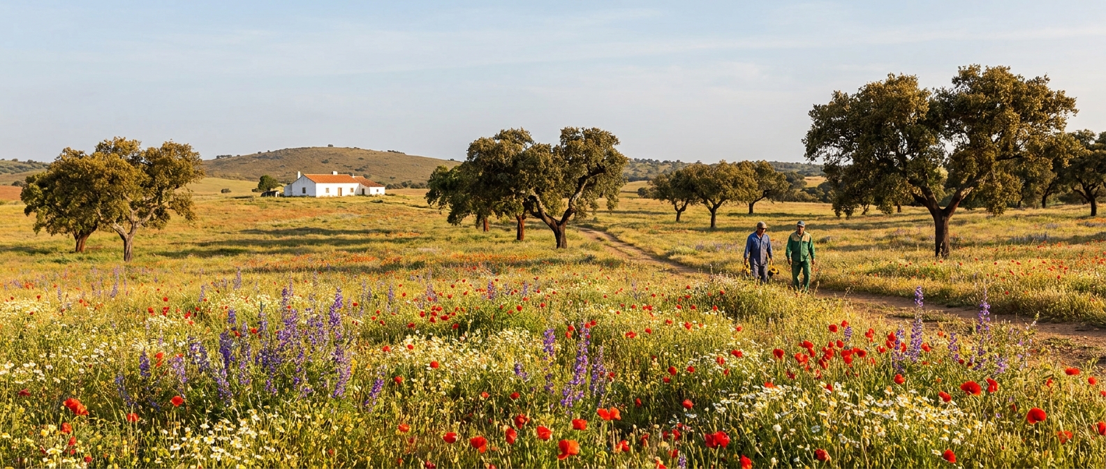 Wildflowers and scattered cork oaks across an Alentejo plain with a whitewashed farmhouse in the distance
