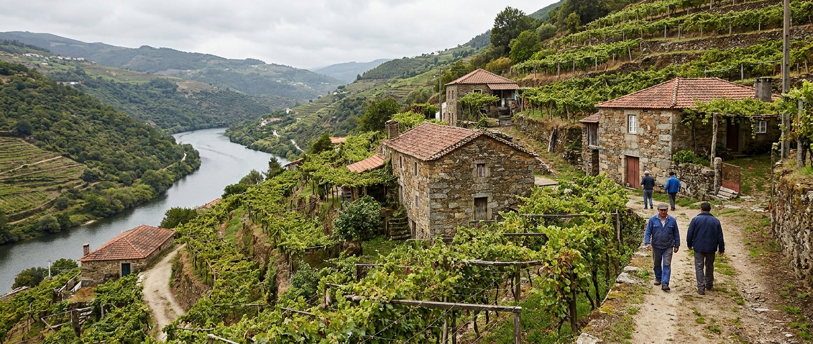Granite houses and trellised vineyards on a green hillside above a river in northern Portugal