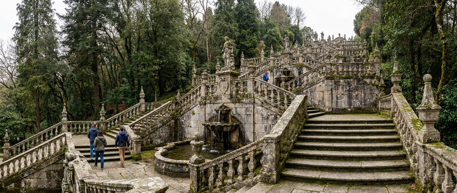Baroque stone stairway zigzagging up a wooded hillside with fountains on each landing near Braga