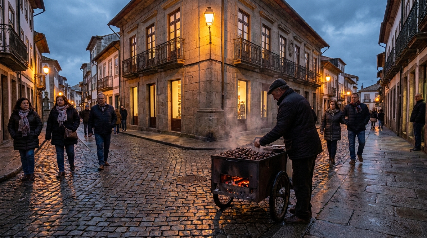 Chestnuts roasting on a coal brazier cart on a wet cobbled street corner at dusk