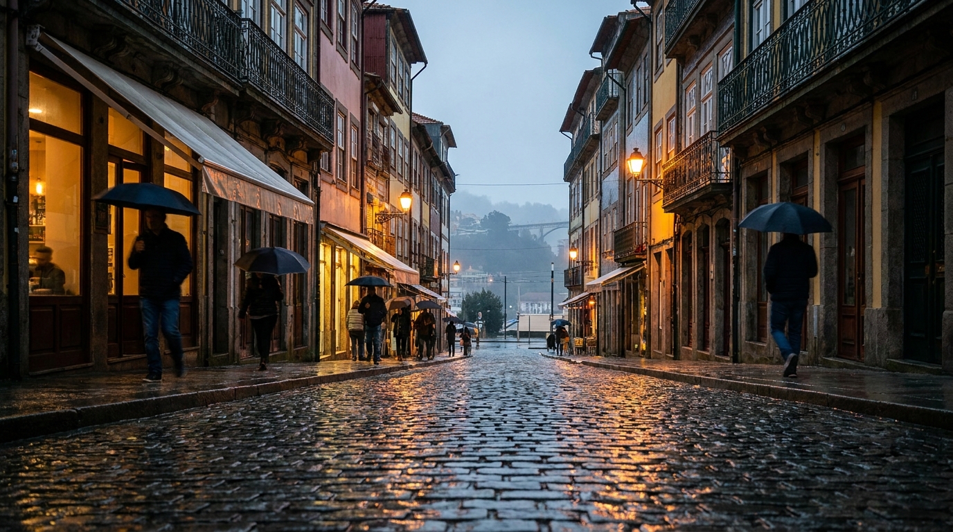 Rain-slicked cobbled street in Porto at dusk with lit café windows and umbrellas