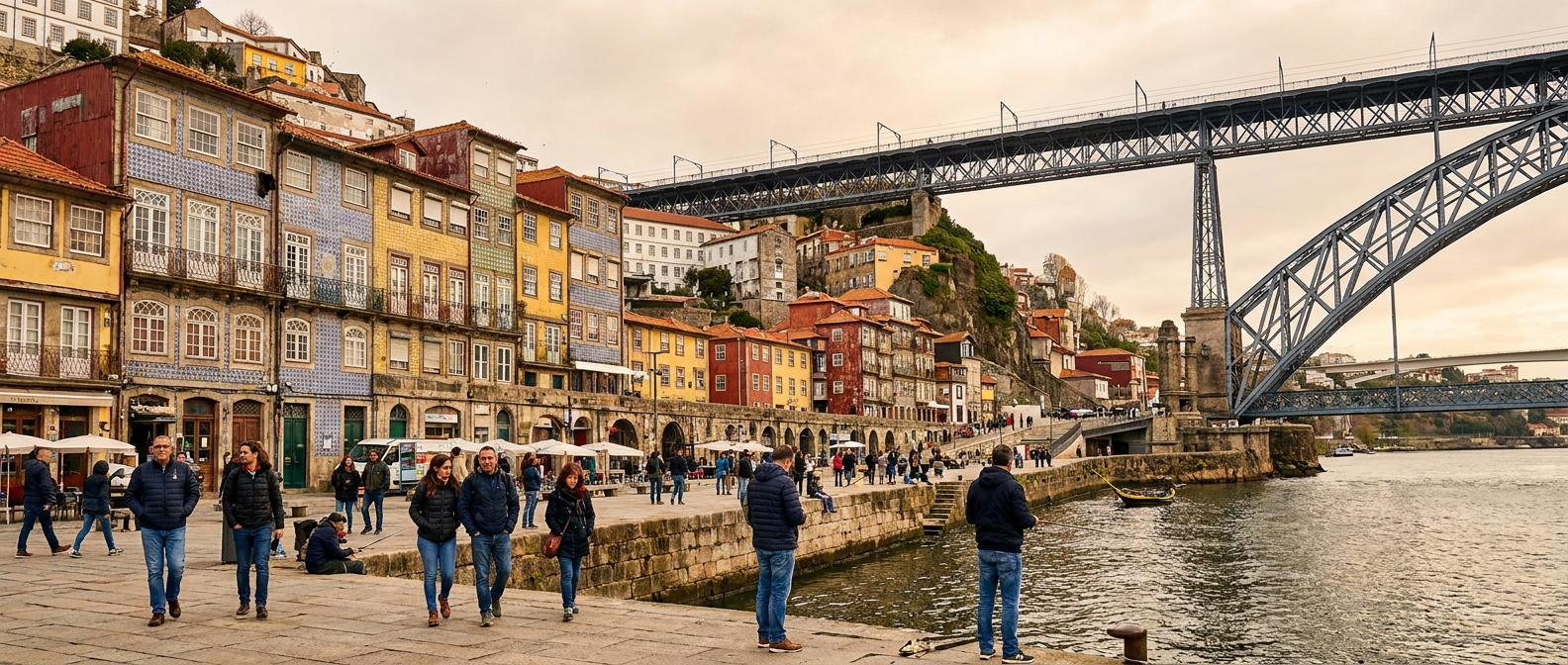 Tall narrow houses stacked above a river quay beneath a large iron bridge
