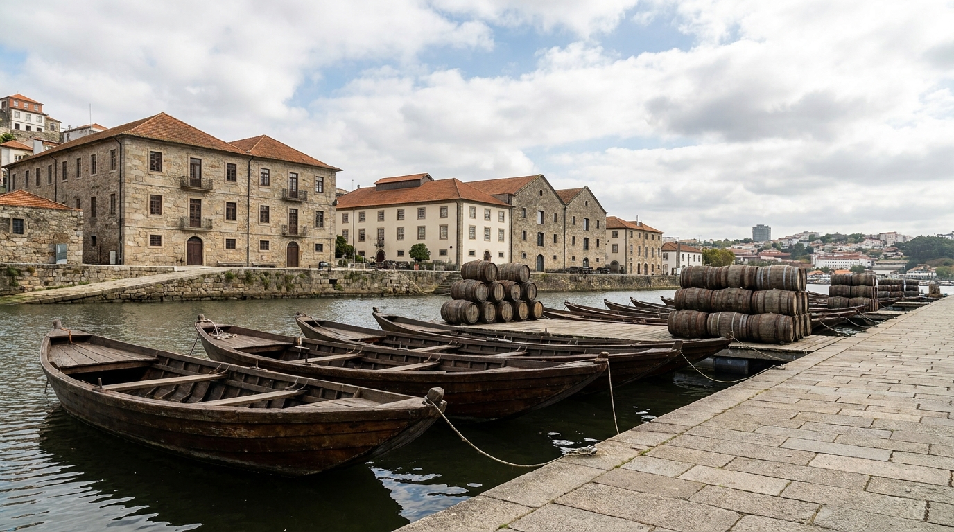Flat-bottomed wooden boats with barrels moored along a river quay below wine lodge buildings