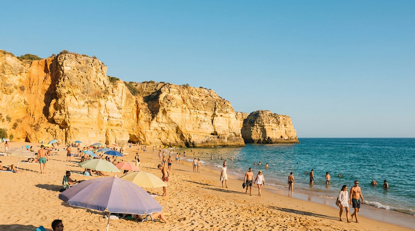 Swimmers and a handful of umbrellas on a wide Algarve beach backed by ochre cliffs under clear late-summer sky