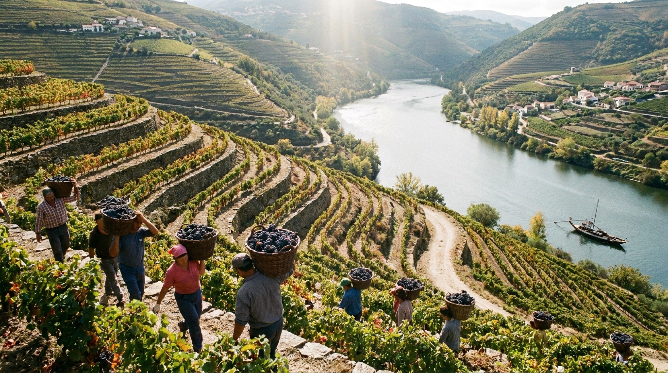 Pickers carrying baskets of dark grapes down steep terraced vineyards above a river bend