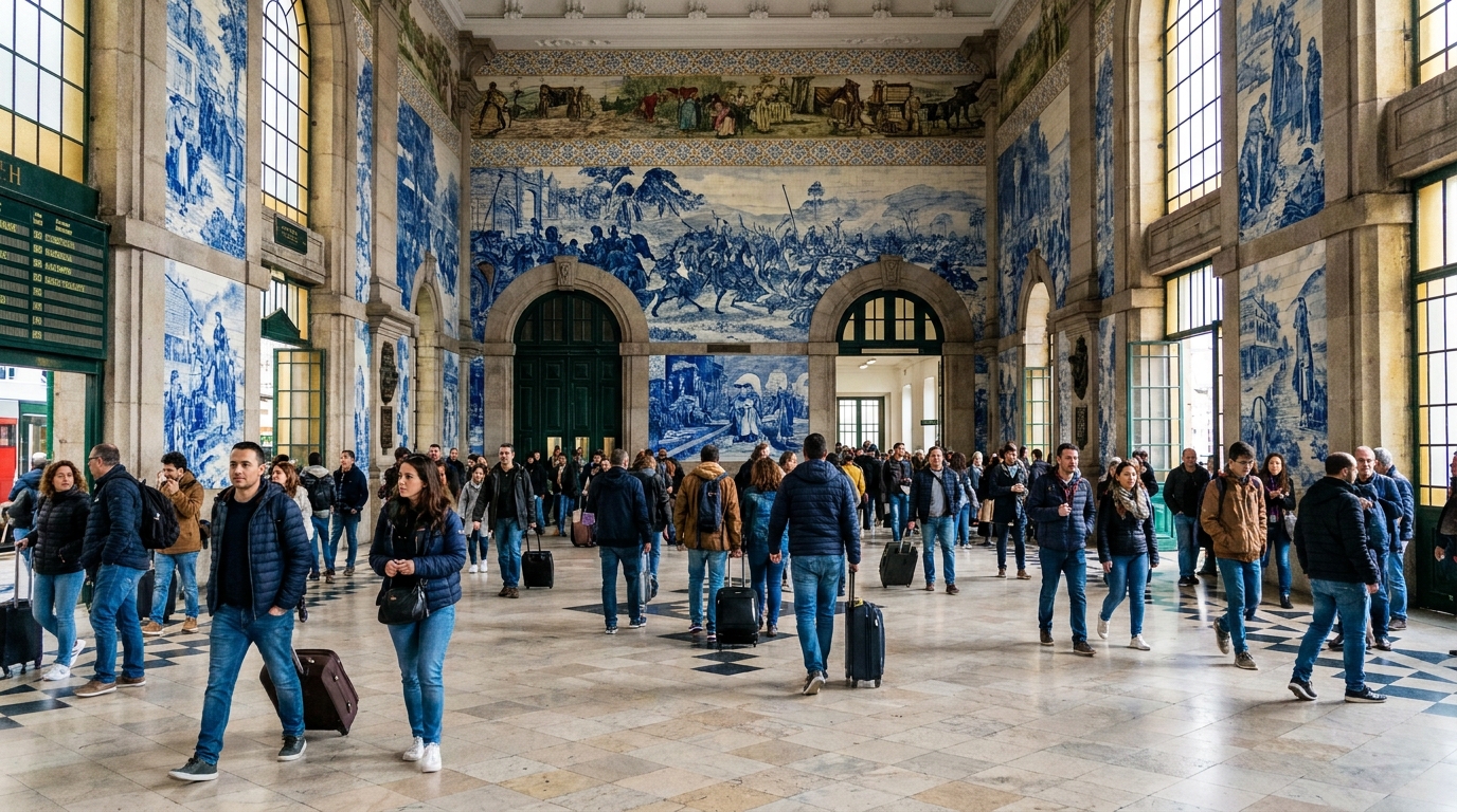 Blue and white tiled panels covering the walls of a railway station entrance hall with passengers crossing