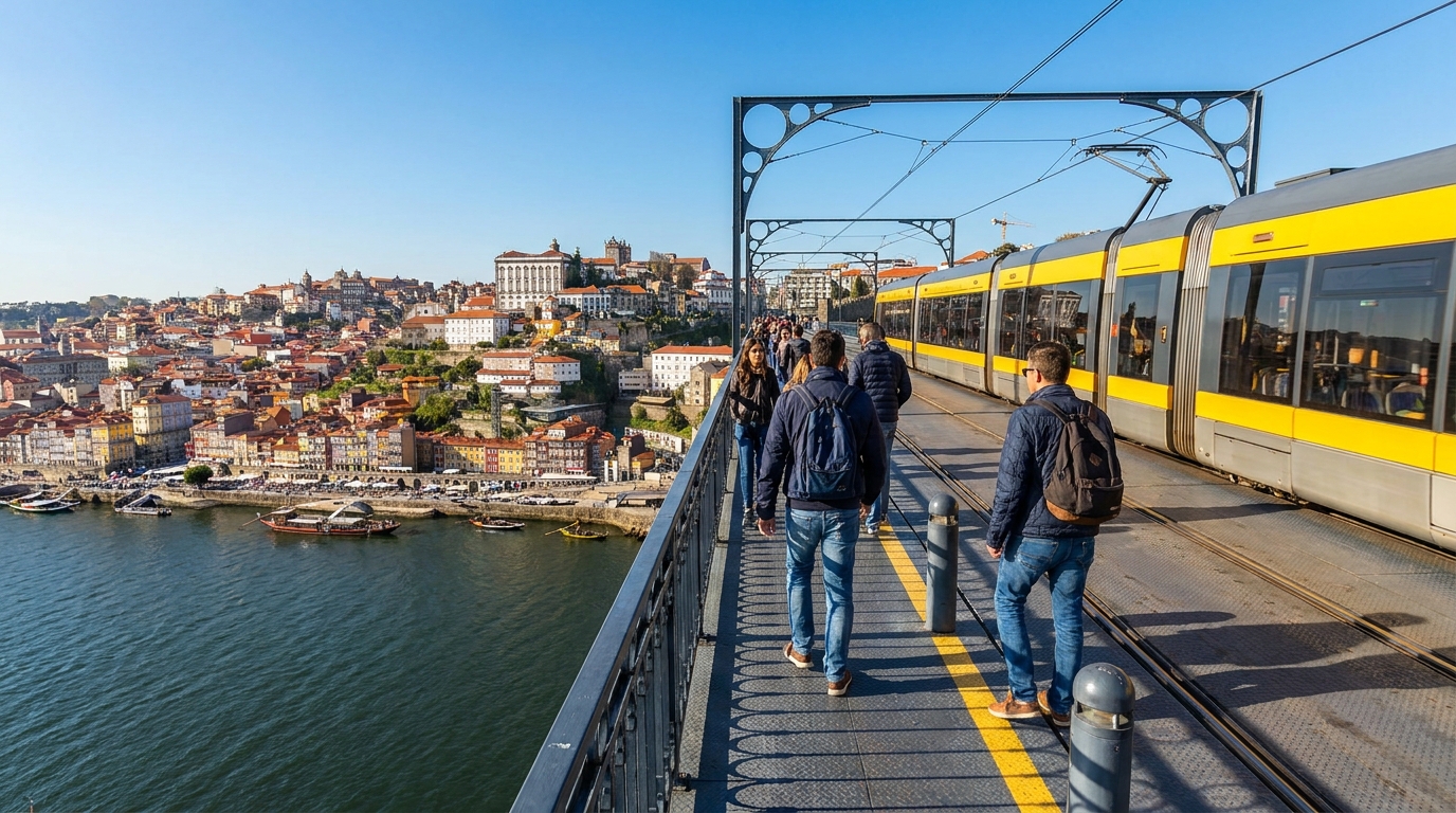 Pedestrians walking beside a metro track on the upper deck of a two-level iron bridge above a river