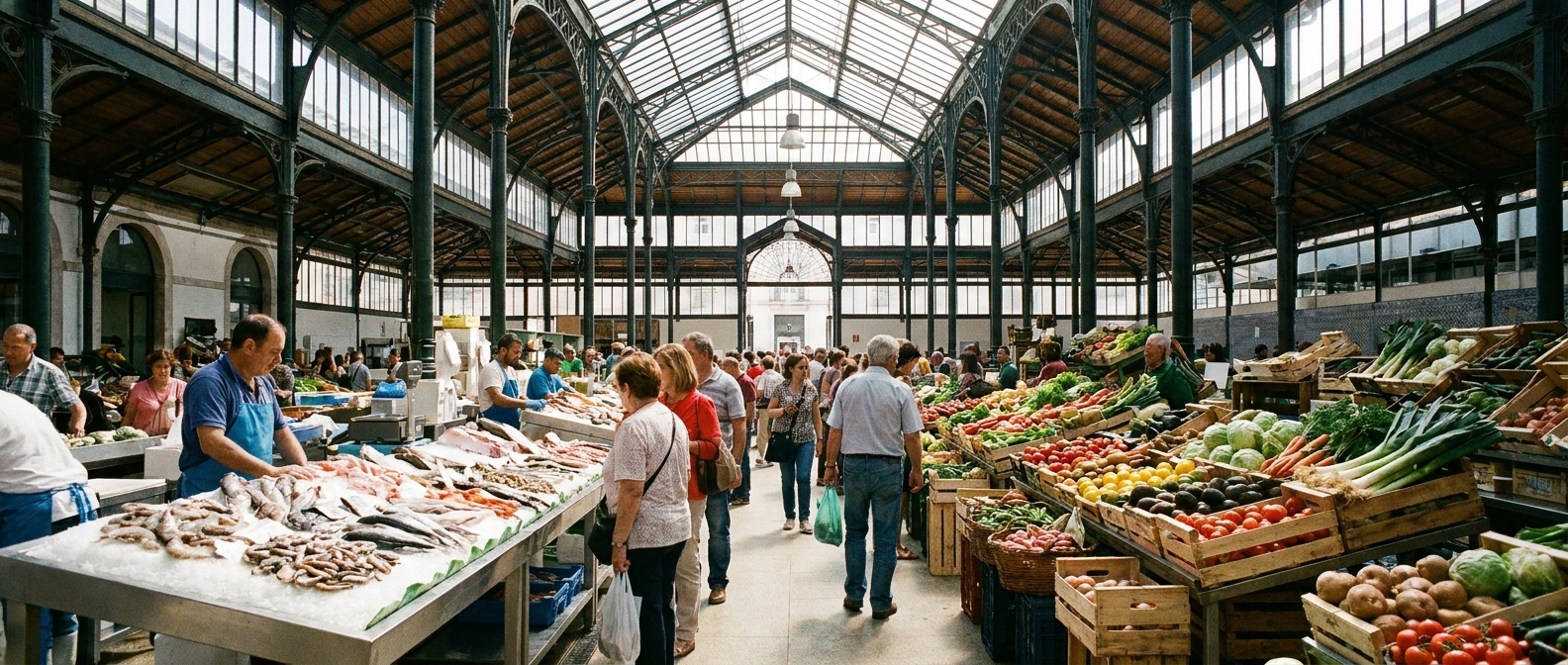 Fish and vegetable stalls under the iron and glass roof of a restored city market hall